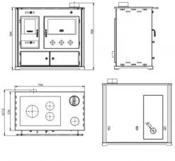 EEK A+ Küchenofen Holzherd Practik LUX Schwarz, Linke Version - 9,5 KW, Ext. Zuluft - Dauerbrand -Kaminladen Geschaft Practik LUX masse 33515 4 33517 4 33518 4